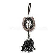 Natural Obsidian Chip Tree of Life Pendants Decoration, Brass Horse Shose Tassel Gems Hanging Ornaments, 220mm, Pendant: 170x59x7mm(G-F733-06H)