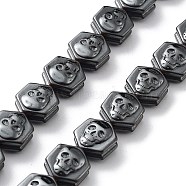 Synthetic Non-Magnetic Hematite Beads Strands, Hexagon with Skull Pattern, Halloween, 10.5x9.5x5.5mm, Hole: 1mm, about 41pcs/strand, 16.54 inch(42cm)(G-H303-B06)