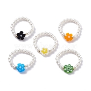 Shell Pearl Stretch Finger Ring, Handmade Millefiori Glass Flower Beads Finger Ring for Women, Mixed Color, US Size 7 3/4(17.9mm)(RJEW-TA00019)