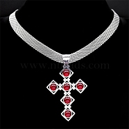 304 Stainless Steel Glass Cross Pendant Necklaces, Mesh Chains Choker Necklaces for Women, Stainless Steel Color, 13.39 inch(34cm)(NJEW-G115-02P)