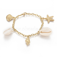 304 Stainless Steel Charm Bracelets, with Natural Cowrie Shell, Starfish/Sea Stars with Shell and Conch, Golden, 7-3/4 inch(19.6cm), 4mm(BJEW-F383-02G)