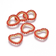 MIYUKI & TOHO Handmade Japanese Seed Beads, with 304 Stainless Steel Link Rings, Loom Pattern, Heart, Golden, Red, 13.5~14x15x1.8~2mm(SEED-A028C-S-15G)