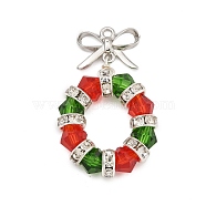 Christmas Theme Glass Pendants, with Platinum Brass Findings, Bowknot with Christmas Wreath, Mixed Color, 34x22x6mm, Hole: 1.6mm(PALLOY-TA00163)