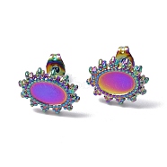 Ion Plating(IP) 304 Stainless Steel Stud Earring Findings, Sun with Oval Tray Earring Settings, with Ear Nuts, Rainbow Color, Tray: 8.5x6mm, 15x13mm, Pin: 0.7mm(STAS-F286-12MC)