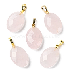 Natural Rose Quartz Pendants, Faceted Oval Charms with Golden Plated Brass Snap on Bails, 21.8x13.4~13.5x6.2mm, Hole: 5.3x3.7mm(G-E603-03G-04)