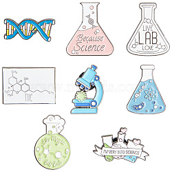 8Pcs 8 Style Lab Theme Alloy Enamel Brooches, with Enamel Pin, Gene Strand & Microscope & Chemical Test Bottle, Mixed Color, 20~30.5x12~30.5x1.5~11mm, Pin: 1~1.2mm, 1pc/style(JEWB-SC0001-24)