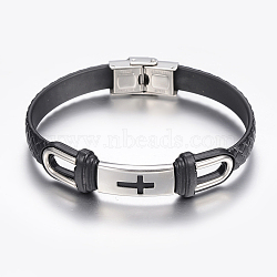 PU Leather Braided Cord Bracelets, with 304 Stainless Steel Finding, Rectangle with Cross, Black, 8-5/8 inch(220mm), 10~16x2.5~8.5mm(BJEW-E324-C19)