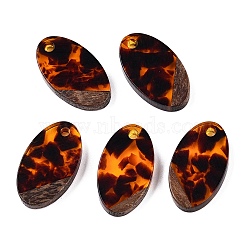 Transparent Resin and Walnut Wood Pendants, Oval Charms with Gold Foil, Orange, 22x12.5x3.5mm, Hole: 2mm(RESI-T057-03D)