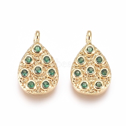 Brass Micro Pave Cubic Zirconia Pendants, Teardrop, Golden, Green, 14x8.5x2.5mm, Hole: 1.4mm(KK-D156-07G-D)