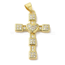 Rack Plating Brass Micro Pave Cubic Zirconia Pendants, Long-Lasting Plated, Lead Free & Cadmium Free, Cross with Heart, Real 18K Gold Plated, 29x19x4mm, Hole: 4x3.5mm(KK-F854-08G)