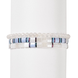 3Pcs 3 Style Glass Seed Rectangle Tile Stretch Bracelets Set, Natural Agate Round Beaded Stackable Bracelets for Women, Inner Diameter: 2-1/8 inch(5.45cm), 1Pc/style(BJEW-JB09038)