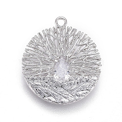 Brass Pendant, with Cubic Zirconia, Flat Round, Clear, Platinum, 21x18.5x2.5mm, Hole: 1.5mm(KK-L177-15P)