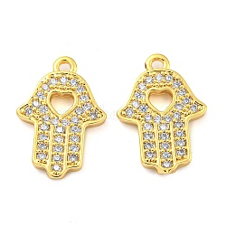 Brass Pave Cubic Zirconia Pendants, Hamsa Hand, Clear, Real 18K Gold Plated, 15x10.5x1.5mm, Hole: 1.2mm(KK-M286-11G)