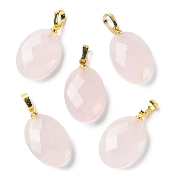 Natural Rose Quartz Pendants, Faceted Oval Charms with Golden Plated Brass Snap on Bails, 21.8x13.4~13.5x6.2mm, Hole: 5.3x3.7mm