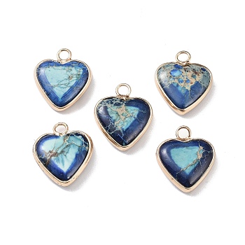 Dyed Synthetic Imperial Jasper Pendants, Brass Heart Charms, Golden, Dark Blue, 19x16x4.5~5.5mm, Hole: 2.7mm
