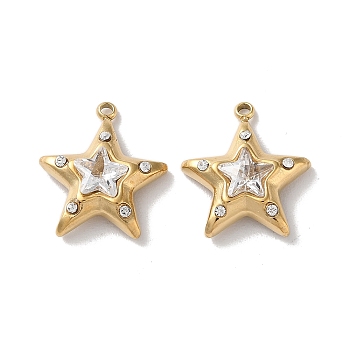 304 Stainless Steel Pendants, with Rhinestone and Glass, Star Charm, Real 14K Gold Plated, 17.5x15.5x5mm, Hole: 1.4mm