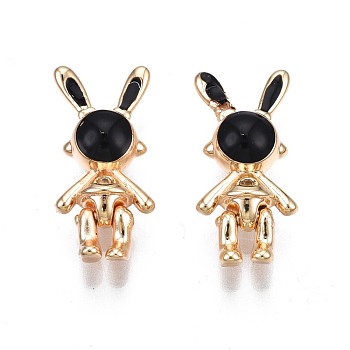 Brass Micro Pave Clear Cubic Zirconia Pendants, with Black Enamel, Nickel Free, Rabbit, Real 18K Gold Plated, 17x8x5mm, Hole: 1.2mm
