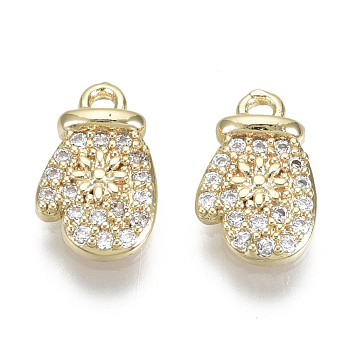 Brass Micro Pave Clear Cubic Zirconia Charms, Nickel Free, Glove with Flower, Real 18K Gold Plated, 11x7x2mm, Hole: 1.2mm