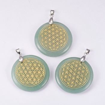 Natural Green Aventurine Pendants, with Brass Findings, Flat Round, Platinum, 53mm, Hole: 3.5x5.5mm, Pendant: 47x38x6mm