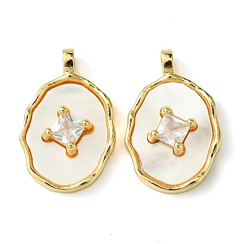 Brass Micro Pave Clear Cubic Zirconia Pendants, with Shell, Real 18K Gold Plated, Oval, 22x14x4.5mm, Hole: 2.5x2mm