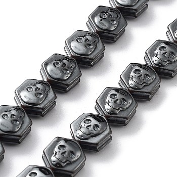 Synthetic Non-Magnetic Hematite Beads Strands, Hexagon with Skull Pattern, Halloween, 10.5x9.5x5.5mm, Hole: 1mm, about 41pcs/strand, 16.54 inch(42cm)