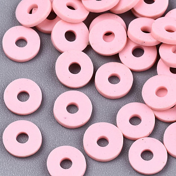 Handmade Polymer Clay Beads, for DIY Jewelry Crafts Supplies, Disc/Flat Round, Heishi Beads, Pink, 6x1mm, Hole: 2mm, about 1175pcs/50g