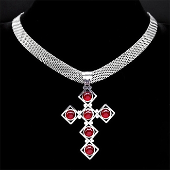 304 Stainless Steel Glass Cross Pendant Necklaces, Mesh Chains Choker Necklaces for Women, Stainless Steel Color, 13.39 inch(34cm)