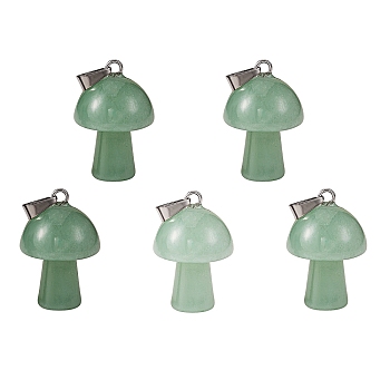 5Pcs Natural Green Aventurine Pendants, with Stainless Steel Loops, Platinum, Mushroom Shaped, 24x16mm, Hole: 5mm