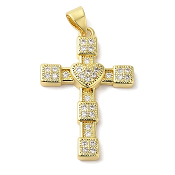 Rack Plating Brass Micro Pave Cubic Zirconia Pendants, Long-Lasting Plated, Lead Free & Cadmium Free, Cross with Heart, Real 18K Gold Plated, 29x19x4mm, Hole: 4x3.5mm