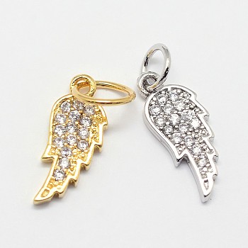 CZ Brass Micro Pave Cubic Zirconia Wing Charms, Mixed Color, 15x6x2mm, Hole: 4mm