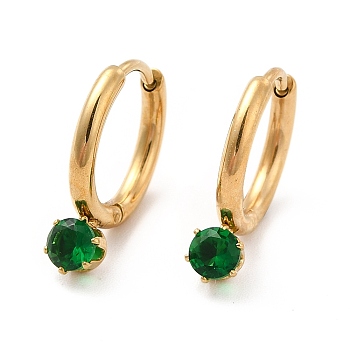 Golden Tone 304 Stainless Steel Hoop Earrings, Cubic Zirconia Ring Earring for Women, Green, 17.5x14mm, Pin: 0.9mm