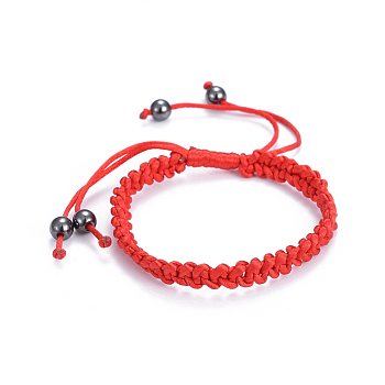 Adjustable Nylon Cord Braided Bracelets, Red String Bracelets, with Non-Magnetic Synthetic Hematite Beads, Red, 2-1/8 inch~3-3/8 inch(5.3~8.4cm)