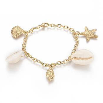 304 Stainless Steel Charm Bracelets, with Natural Cowrie Shell, Starfish/Sea Stars with Shell and Conch, Golden, 7-3/4 inch(19.6cm), 4mm