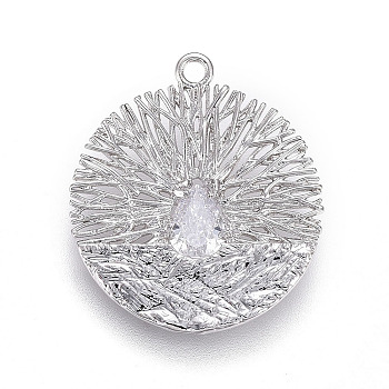 Brass Pendant, with Cubic Zirconia, Flat Round, Clear, Platinum, 21x18.5x2.5mm, Hole: 1.5mm