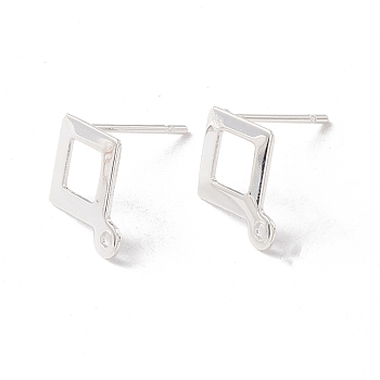 201 Stainless Steel Stud Earring Findings, with 316 Surgical Stainless Steel Pins and Horizontal Loop, Rhombus, 925 Sterling Silver Plated, 12x9mm, Hole: 1mm, Pin: 0.7mm