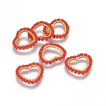 MIYUKI & TOHO Handmade Japanese Seed Beads, with 304 Stainless Steel Link Rings, Loom Pattern, Heart, Golden, Red, 13.5~14x15x1.8~2mm