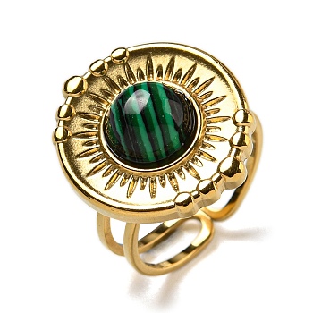 Ion Plating(IP) 304 Stainless Steel Open Cuff Rings, Synthetic Malachite Flat Round Rings for Women Men, Real 18K Gold Plated, Adjustable