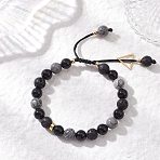 Natural Lava Rock, Natural Obsidian, Natural Map Stone/Picasso Stone/Picasso Jasper Adjustable Beaded Bracelets, Round, Black, Inner Diameter: 2-1/8 ~ 2-7/8 inch(5.4~7.4cm)(BJEW-JB13014)