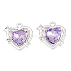 Y2K Style Alloy & Glass Pendants, Faceted Heart with Star Charm, Silver, Long-Lasting Plated, Rack Plating, Lilac, 16x16x5mm, Hole: 1.7mm(GL-CBA1FD3-03S-01)