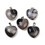 Dyed Natural Banded Agate Pendants, Heart Charms with 201 Stainless Steel Bails, Stainless Steel Color, Black, 22~23x20~21x9~10mm, Hole: 6x3mm(G-G202-08B)