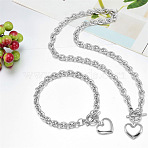 Heart Stainless Steel Pendant Necklaces & Charm Bracelets Sets, Stainless Steel Color, 475mm(FS-WG8EF15-01)
