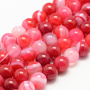 Natural Striped Agate/Banded Agate Bead Strands, Round, Grade A, Dyed, Cerise, 6mm, Hole: 1mm, about 62~63pcs/strand, 14.5 inch(G-K155-B-6mm-09)