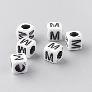 Opaque Acrylic Beads, Horizontal Hole, Letter Style, Cube, Letter.M, 6x6x6mm, Hole: 3mm, about 300pcs/50g(X-SACR-Q188-02M)