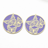 Brass Enamel Pendants, Etched Metal Embellishments, Matte Gold Color, Flat Round with Butterfly, Lilac, 49x47x0.3mm, Hole: 1.2mm(X-KK-N223-07D)