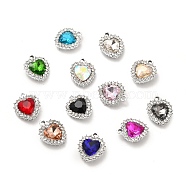 Alloy Glass Pendants, Crystal Rhinestone Heart Charm, Platinum, Mixed Color, 19x16x5.8mm, Hole: 2mm(ALRI-C007-04P)