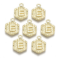 Alloy Pendants, Cadmium Free & Nickel Free & Lead Free, Hexagon with Letter, Real 18K Gold Plated, Letter.E, 17.5x13x2mm, Hole: 2mm(X-PALLOY-N157-003E-NR)