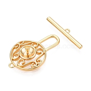 Brass Toggle Clasps, Flat Round, Real 18K Gold Plated, 24x15x6mm, Hole: 1.2mm, Bar: 3.5x20.5x1.5mm, Hole: 1.2mm, Pin: 1mm(KK-N254-141G)