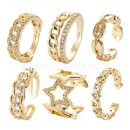 6Pcs 6 Styles Brass Micro Pave Cubic Zirconia Cuff Rings, Open Rings, Long-Lasting Plated, Chain & Hollow Star & Curb Chain Shape & Square with Rhombus & Coffee Bean Chain Shape, Real 18K Gold Plated, Inner Diameter: 17~17.5mm, 1pc/style(RJEW-LS0001-42G)