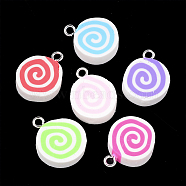 Handmade Polymer Clay Pendants, with Iron Findings, Flat Round with Vortex, Platinum, Mixed Color, 20~21x15~16.5x5mm, Hole: 2mm(CLAY-T013-14)