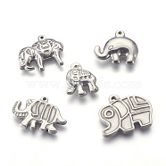 304 Stainless Steel Pendants, Elephant, Stainless Steel Color, 17~20x15~25x3~5mm, Hole: 1.2~1.6mm(STAS-L212-014)
